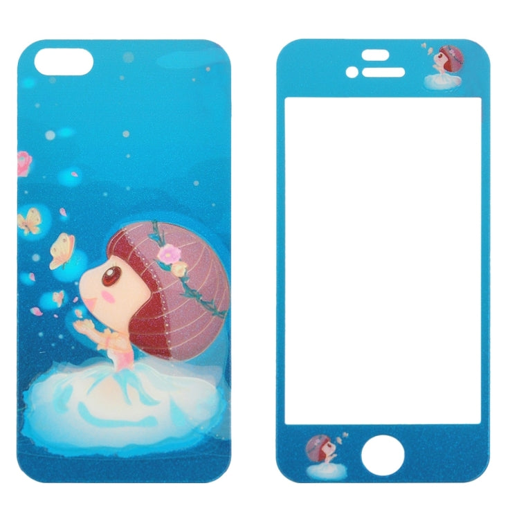 0.3mm Cartoon Girl Pattern Embossed Fluorescent Front + Back Tempered Glass Screen Protector for iPhone 5 & 5S