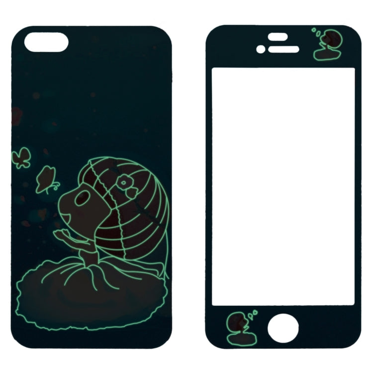 0.3mm Cartoon Girl Pattern Embossed Fluorescent Front + Back Tempered Glass Screen Protector for iPhone 5 & 5S