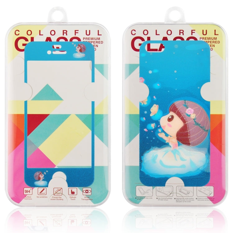 0.3mm Cartoon Girl Pattern Embossed Fluorescent Front + Back Tempered Glass Screen Protector for iPhone 5 & 5S