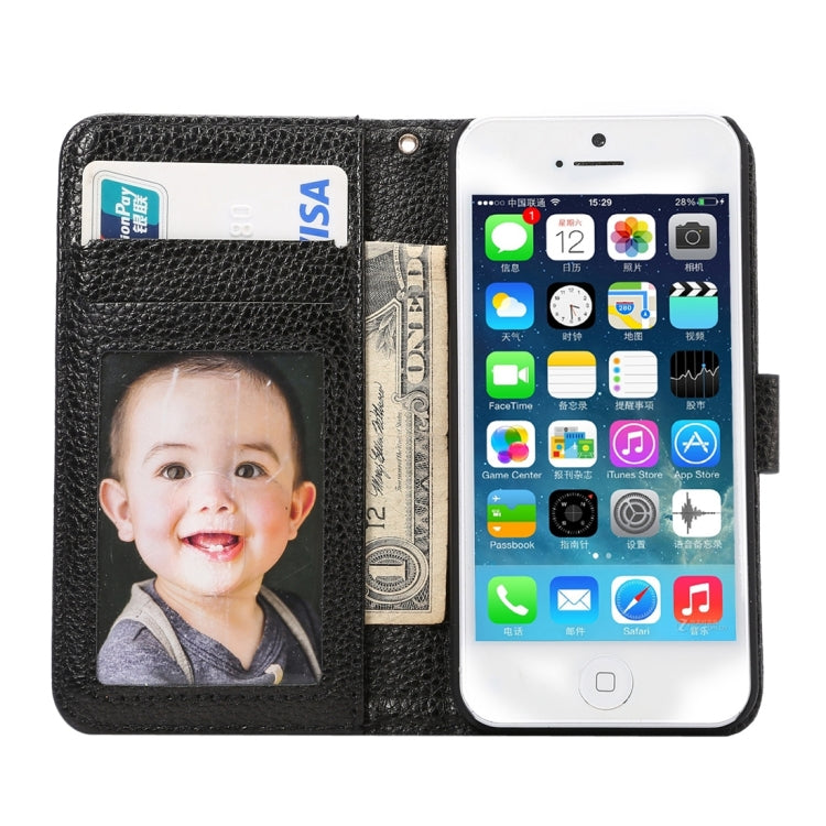 Litchi Texture Horizontal Flip Magnetic Snap Leather Case with Adjustable Holder & Card Slots & Photo Frame & Wallet & Lanyard for iPhone 5 & 5s & SE & SE
