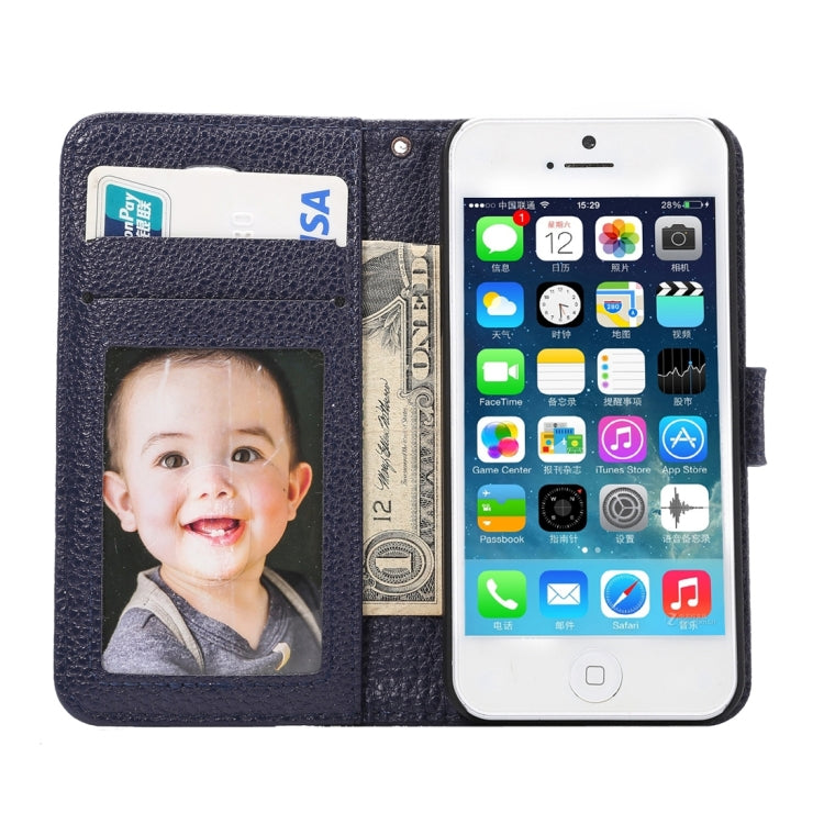 Litchi Texture Horizontal Flip Magnetic Snap Leather Case with Adjustable Holder & Card Slots & Photo Frame & Wallet & Lanyard for iPhone 5 & 5s & SE & SE