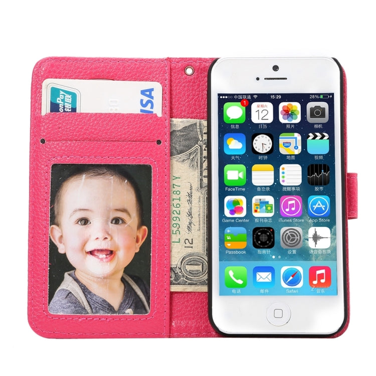 Litchi Texture Horizontal Flip Magnetic Snap Leather Case with Adjustable Holder & Card Slots & Photo Frame & Wallet & Lanyard for iPhone 5 & 5s & SE & SE