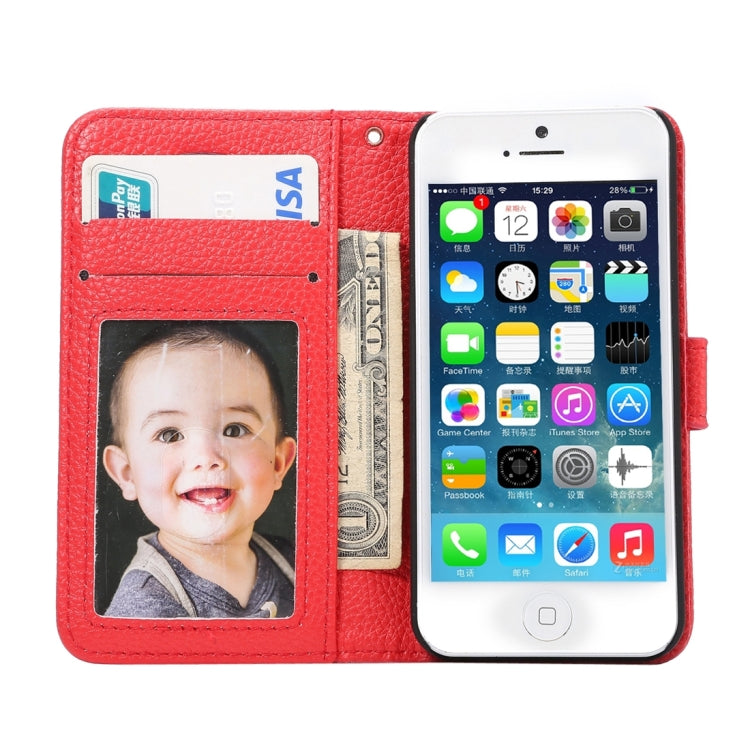 Litchi Texture Horizontal Flip Magnetic Snap Leather Case with Adjustable Holder & Card Slots & Photo Frame & Wallet & Lanyard for iPhone 5 & 5s & SE & SE