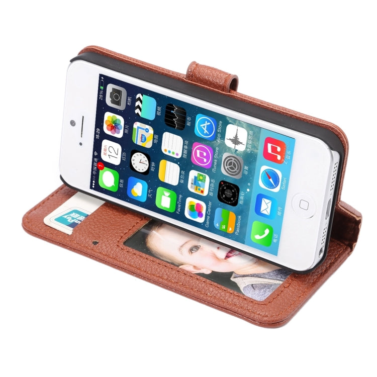 Litchi Texture Horizontal Flip Magnetic Snap Leather Case with Adjustable Holder & Card Slots & Photo Frame & Wallet & Lanyard for iPhone 5 & 5s & SE & SE