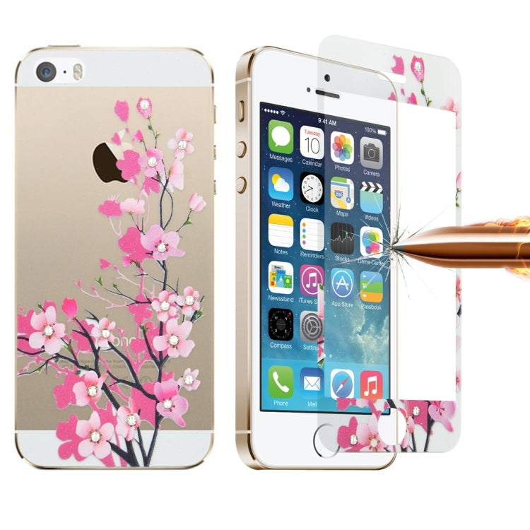 Colorized Relief Plum Blossom Pattern Diamond Encrusted 0.3mm 9H+ Surface Hardness Full Screen Front and Back Explosion-proof Tempered Glass Film for iPhone 5 & 5S