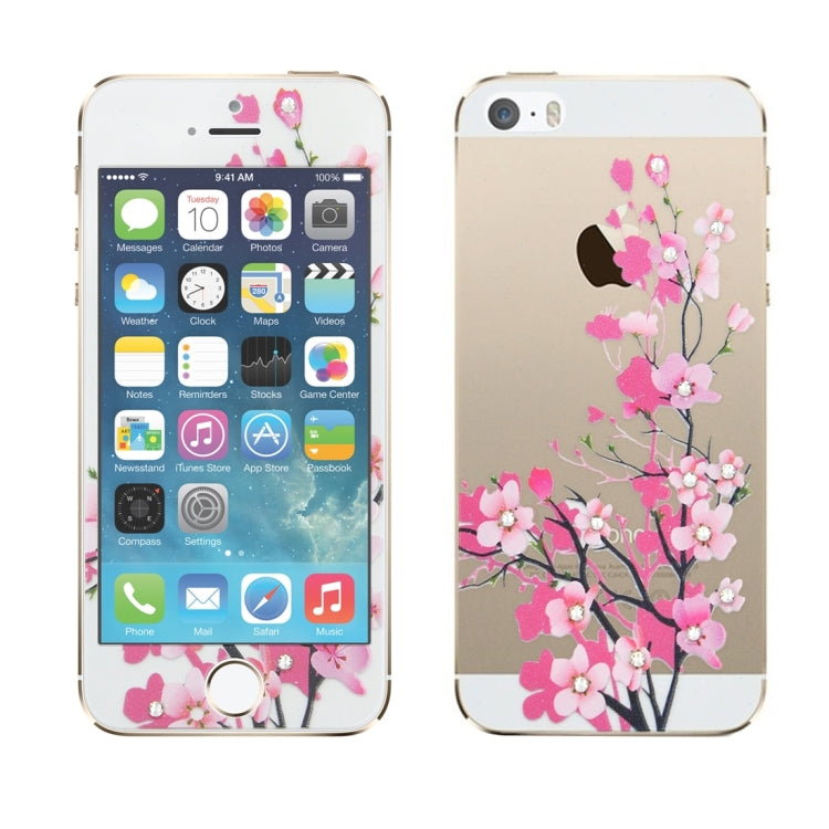 Colorized Relief Plum Blossom Pattern Diamond Encrusted 0.3mm 9H+ Surface Hardness Full Screen Front and Back Explosion-proof Tempered Glass Film for iPhone 5 & 5S