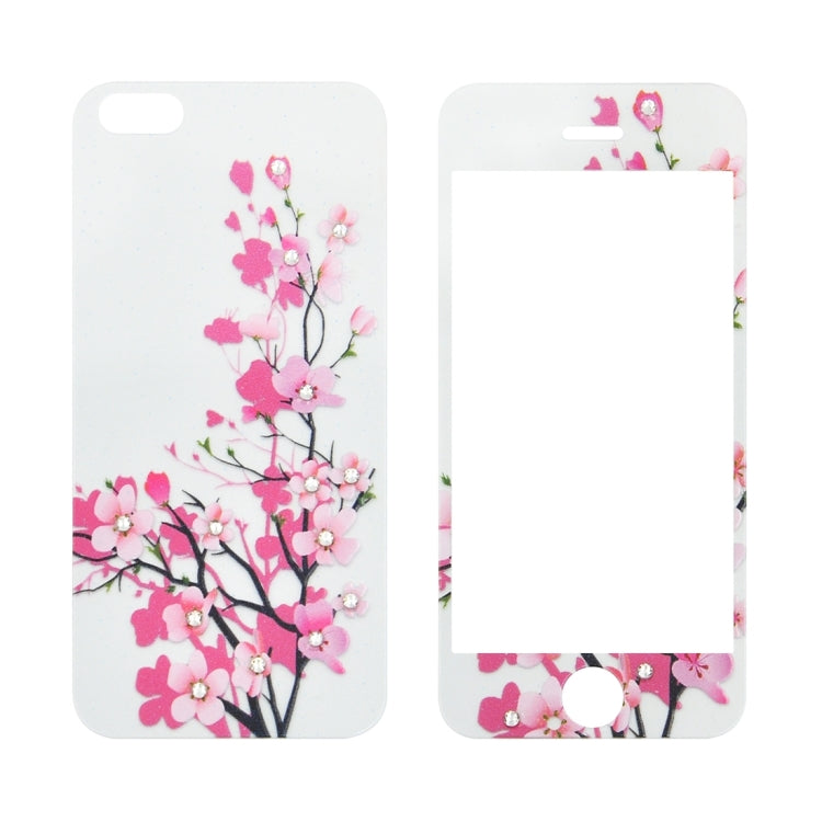 Colorized Relief Plum Blossom Pattern Diamond Encrusted 0.3mm 9H+ Surface Hardness Full Screen Front and Back Explosion-proof Tempered Glass Film for iPhone 5 & 5S