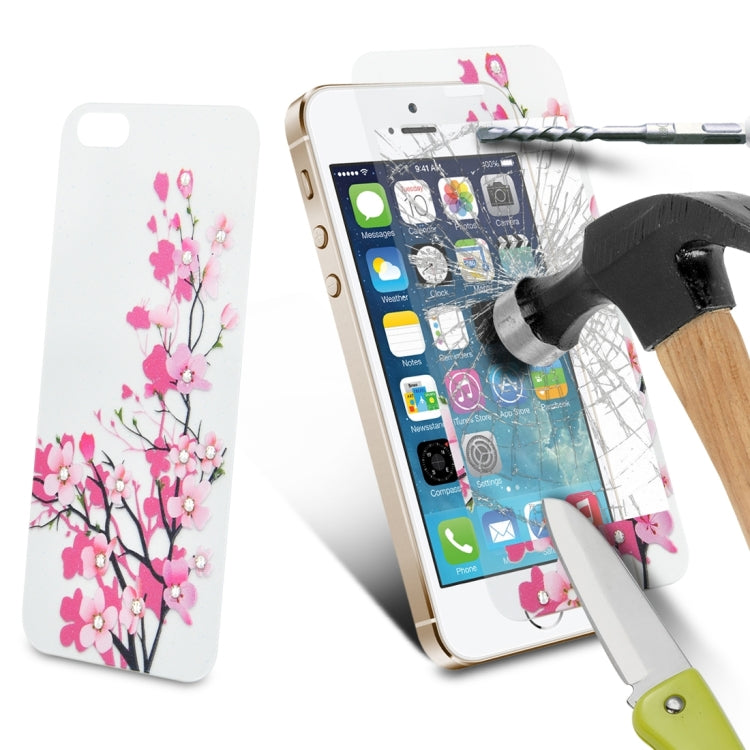 Colorized Relief Plum Blossom Pattern Diamond Encrusted 0.3mm 9H+ Surface Hardness Full Screen Front and Back Explosion-proof Tempered Glass Film for iPhone 5 & 5S