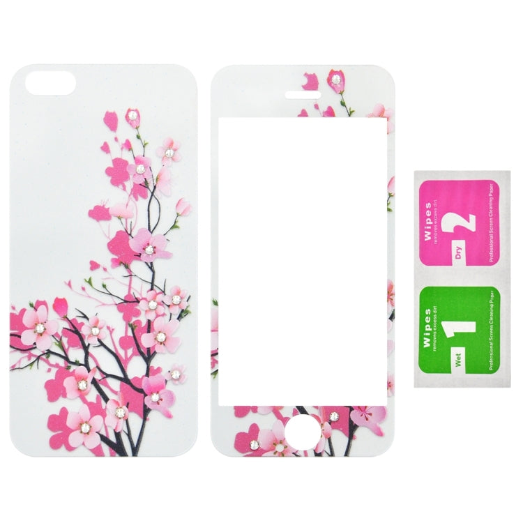 Colorized Relief Plum Blossom Pattern Diamond Encrusted 0.3mm 9H+ Surface Hardness Full Screen Front and Back Explosion-proof Tempered Glass Film for iPhone 5 & 5S