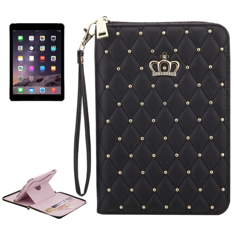 Crown Pattern & Diamond Lattice Texture Diamond Encrusted Carry Case with Holder & Card Slots & Wallet & Lanyard for iPad Air 2 / Air 1 / iPad 6 / 5