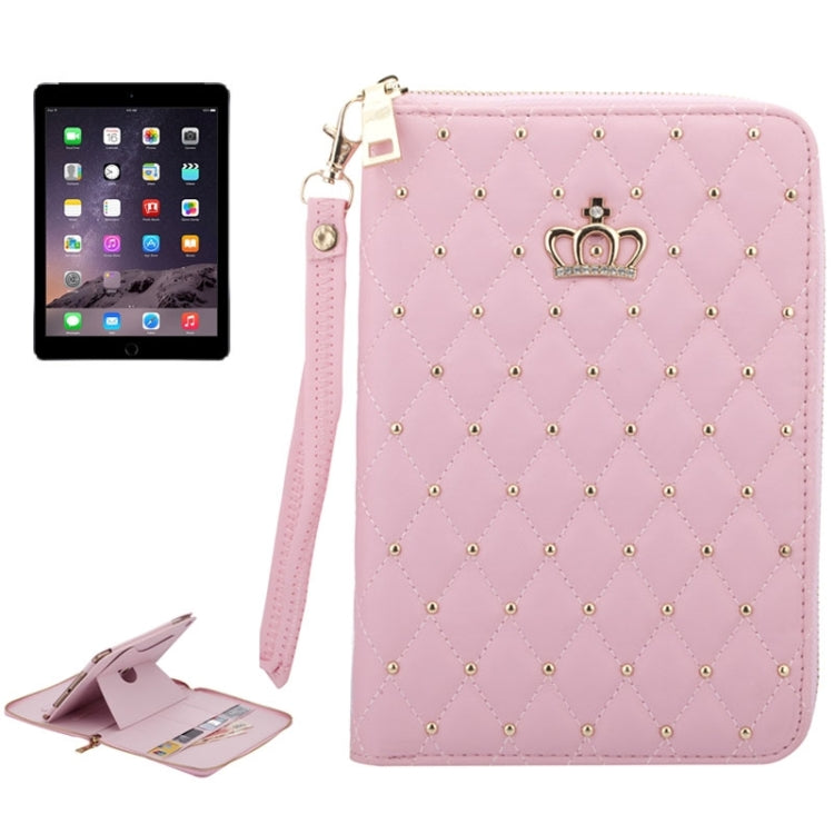 Crown Pattern & Diamond Lattice Texture Diamond Encrusted Carry Case with Holder & Card Slots & Wallet & Lanyard for iPad Air 2 / Air 1 / iPad 6 / 5