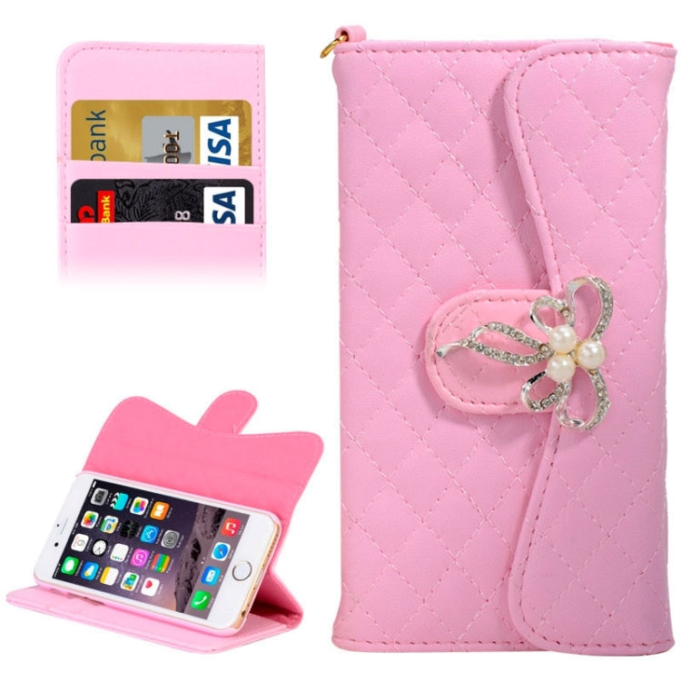 Plaid Texture Sheepskin Diamond-encrusted Bowknot Button Flip Leather Case with Card Slots & Wallet & Holder & Lanyards for iPhone 6 & 6S