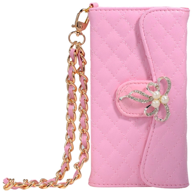 Plaid Texture Sheepskin Diamond-encrusted Bowknot Button Flip Leather Case with Card Slots & Wallet & Holder & Lanyards for iPhone 6 & 6S