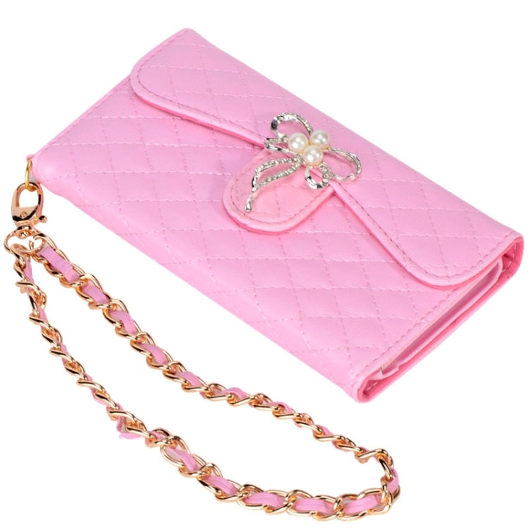 Plaid Texture Sheepskin Diamond-encrusted Bowknot Button Flip Leather Case with Card Slots & Wallet & Holder & Lanyards for iPhone 6 & 6S