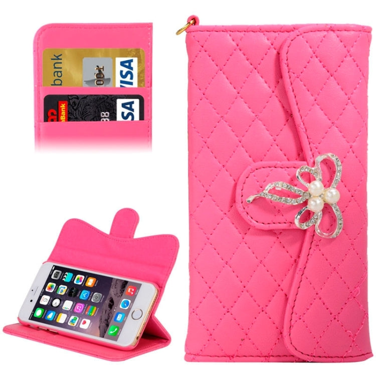 Plaid Texture Sheepskin Diamond-encrusted Bowknot Button Flip Leather Case with Card Slots & Wallet & Holder & Lanyards for iPhone 6 & 6S