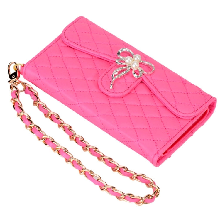 Plaid Texture Sheepskin Diamond-encrusted Bowknot Button Flip Leather Case with Card Slots & Wallet & Holder & Lanyards for iPhone 6 & 6S