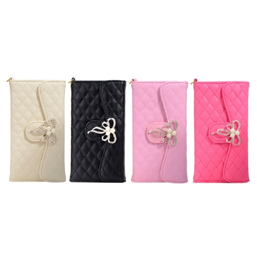 Plaid Texture Sheepskin Diamond-encrusted Bowknot Button Flip Leather Case with Card Slots & Wallet & Holder & Lanyards for iPhone 6 & 6S