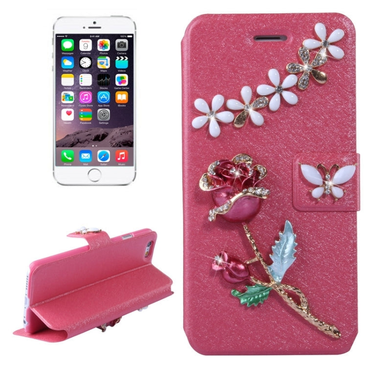Natural Silk Texture & Stereoscopic Diamond Encrusted Rose Horizontal Flip Leather Case with Holder & Card Slot for iPhone 6