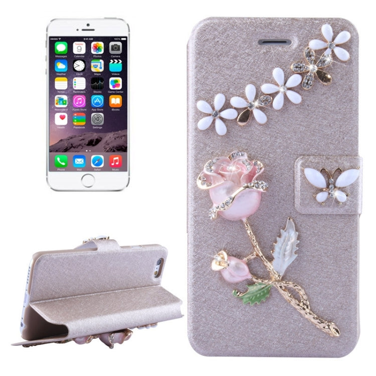 Natural Silk Texture & Stereoscopic Diamond Encrusted Rose Horizontal Flip Leather Case with Holder & Card Slot for iPhone 6