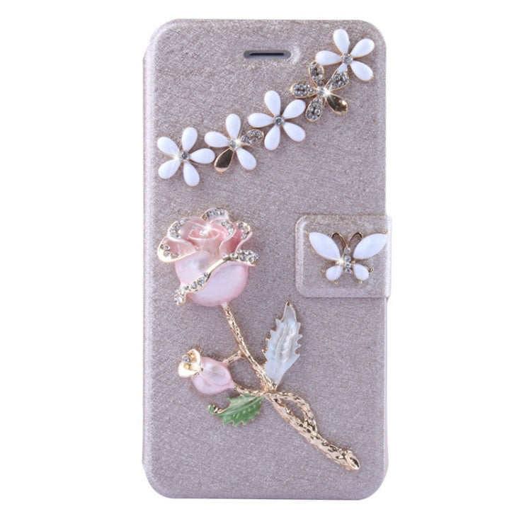 Natural Silk Texture & Stereoscopic Diamond Encrusted Rose Horizontal Flip Leather Case with Holder & Card Slot for iPhone 6