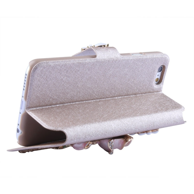 Natural Silk Texture & Stereoscopic Diamond Encrusted Rose Horizontal Flip Leather Case with Holder & Card Slot for iPhone 6