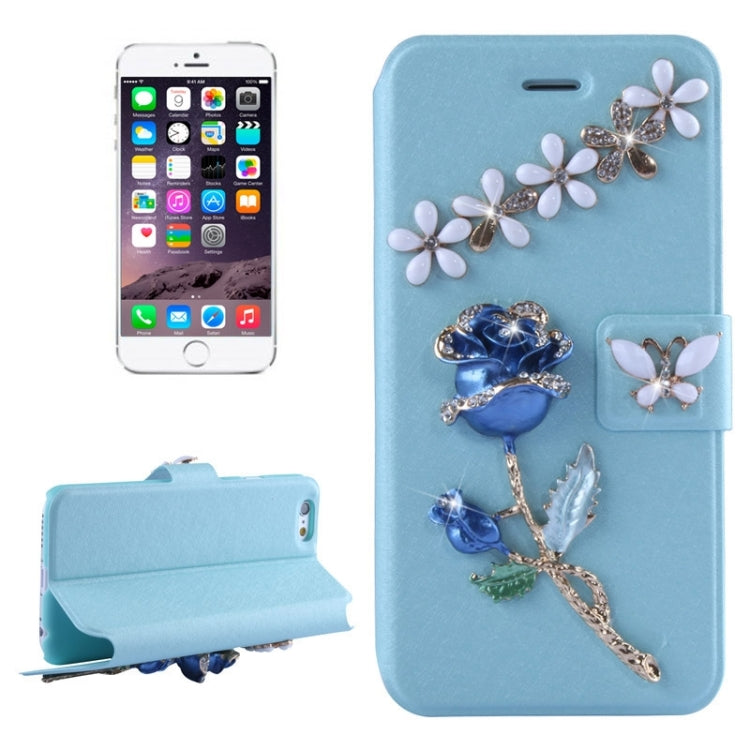Natural Silk Texture & Stereoscopic Diamond Encrusted Rose Horizontal Flip Leather Case with Holder & Card Slot for iPhone 6