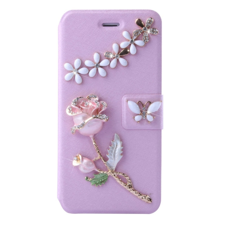 Natural Silk Texture & Stereoscopic Diamond Encrusted Rose Horizontal Flip Leather Case with Holder & Card Slot for iPhone 6