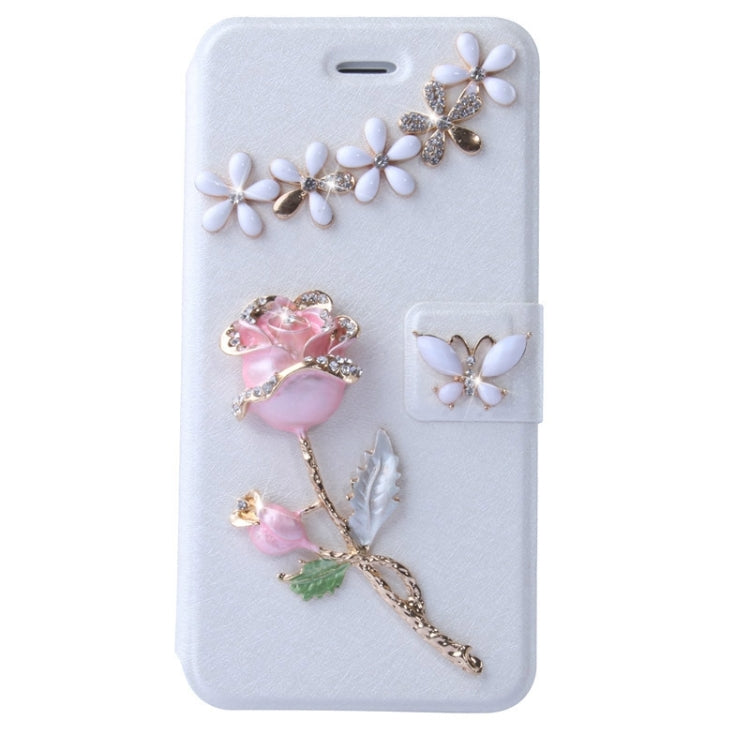 Natural Silk Texture & Stereoscopic Diamond Encrusted Rose Horizontal Flip Leather Case with Holder & Card Slot for iPhone 6