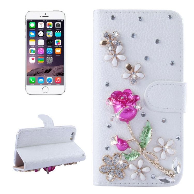 Crazy Horse Texture & Stereoscopic Diamond Encrusted Rose Horizontal Flip Leather Case with Holder & Card Slot for iPhone 6(White)