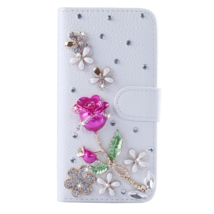 Crazy Horse Texture & Stereoscopic Diamond Encrusted Rose Horizontal Flip Leather Case with Holder & Card Slot for iPhone 6(White)