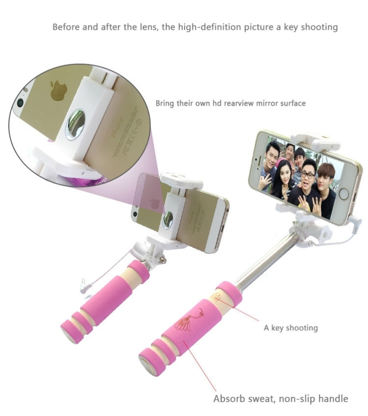 Mini Wire Controlled Selfie Stick Monopod Folding Extendable Pocket Handheld Holder for iOS & Android Phone, Folded Length: 13.5cm, Max Extension Length: 48.0cm