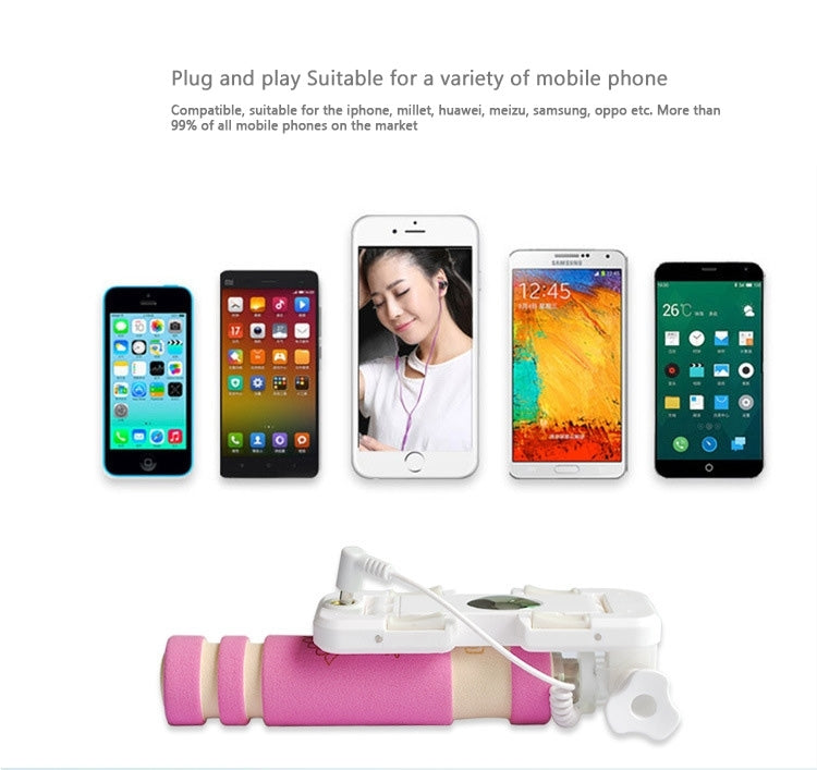 Mini Wire Controlled Selfie Stick Monopod Folding Extendable Pocket Handheld Holder for iOS & Android Phone, Folded Length: 13.5cm, Max Extension Length: 48.0cm