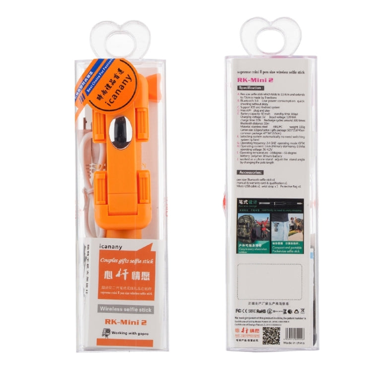 Portable RK-Mini2 Bluetooth Wireless Selfie Stick Monopod Folding Extendable Pocket Handheld Holder for iOS & Android Phone, Folded Length: 13.4cm, Max Extension Length: 73.0cm, Bluetooth Distance: 10m