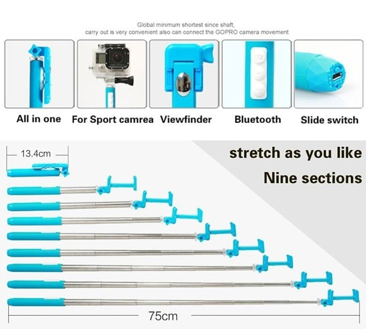 Portable RK-Mini2 Bluetooth Wireless Selfie Stick Monopod Folding Extendable Pocket Handheld Holder for iOS & Android Phone, Folded Length: 13.4cm, Max Extension Length: 73.0cm, Bluetooth Distance: 10m