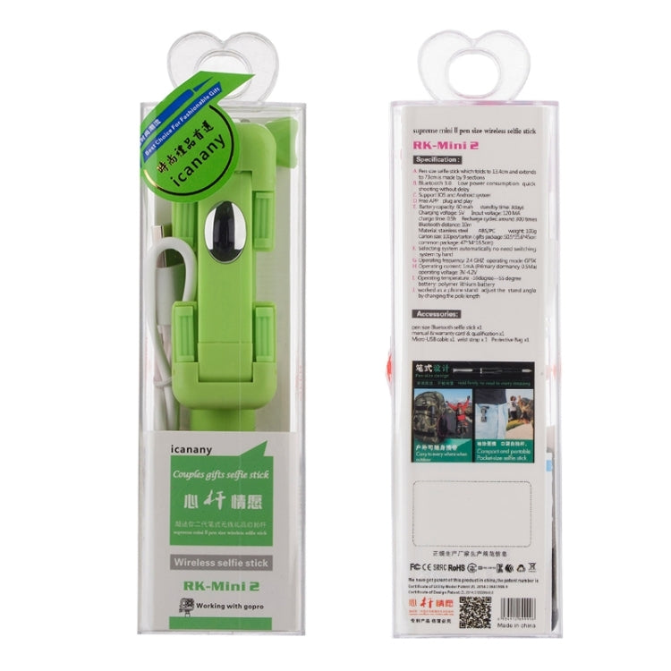 Portable RK-Mini2 Bluetooth Wireless Selfie Stick Monopod Folding Extendable Pocket Handheld Holder for iOS & Android Phone, Folded Length: 13.4cm, Max Extension Length: 73.0cm, Bluetooth Distance: 10m