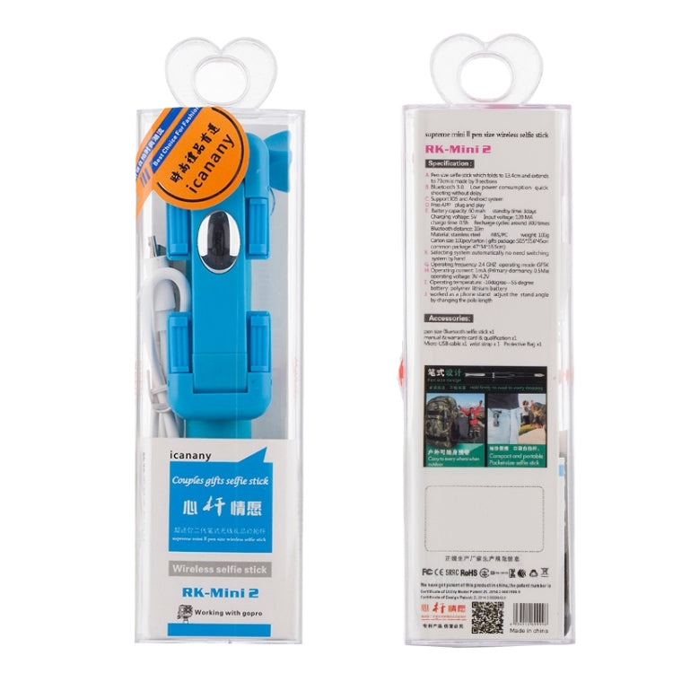 Portable RK-Mini2 Bluetooth Wireless Selfie Stick Monopod Folding Extendable Pocket Handheld Holder for iOS & Android Phone, Folded Length: 13.4cm, Max Extension Length: 73.0cm, Bluetooth Distance: 10m