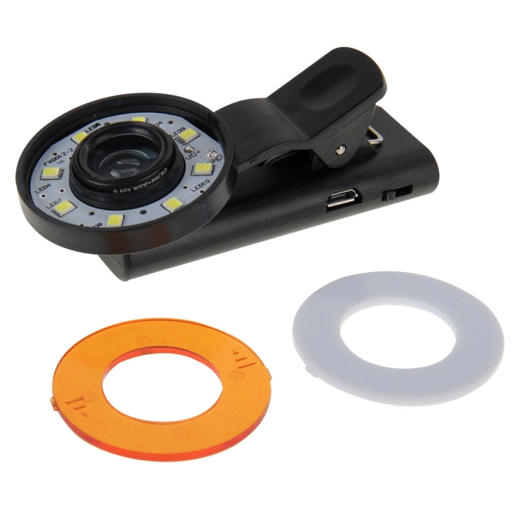 2 in 1 Universal LED Ring Flashlight Lens 0.65X Wide Lens + Marco Lens with Clip & 3 Filters, For iPhone, Samsung, Sony, Lenovo, HTC, Huawei and other Smartphones