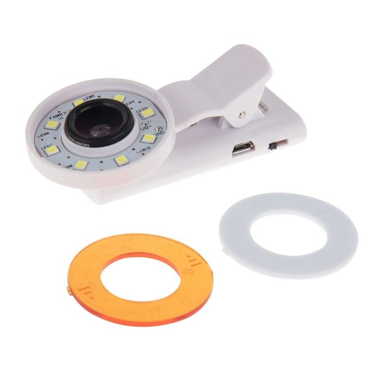 2 in 1 Universal LED Ring Flashlight Lens 0.65X Wide Lens + Marco Lens with Clip & 3 Filters, For iPhone, Samsung, Sony, Lenovo, HTC, Huawei and other Smartphones
