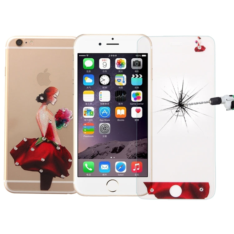 0.3mm 3D Colorized Relief Girl Pattern Diamond Encrusted Front + Back Tempered Glass Screen Protector for iPhone 6 & 6s