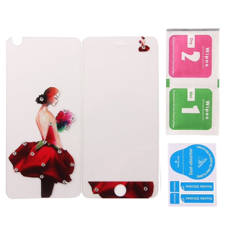 0.3mm 3D Colorized Relief Girl Pattern Diamond Encrusted Front + Back Tempered Glass Screen Protector for iPhone 6 & 6s