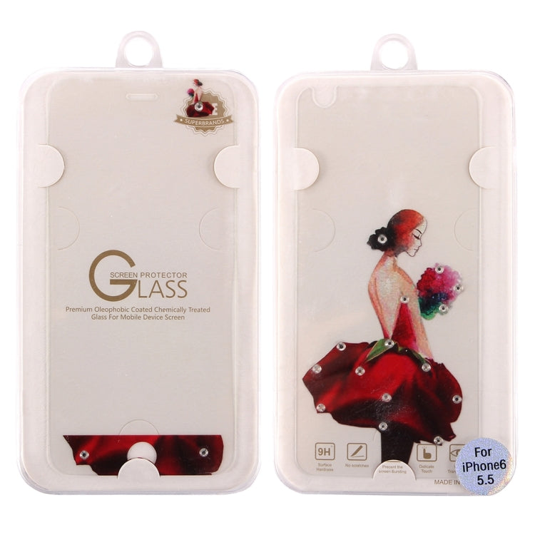 0.3mm 3D Colorized Relief Girl Pattern Diamond Encrusted Front + Back Tempered Glass Screen Protector for iPhone 6 & 6s