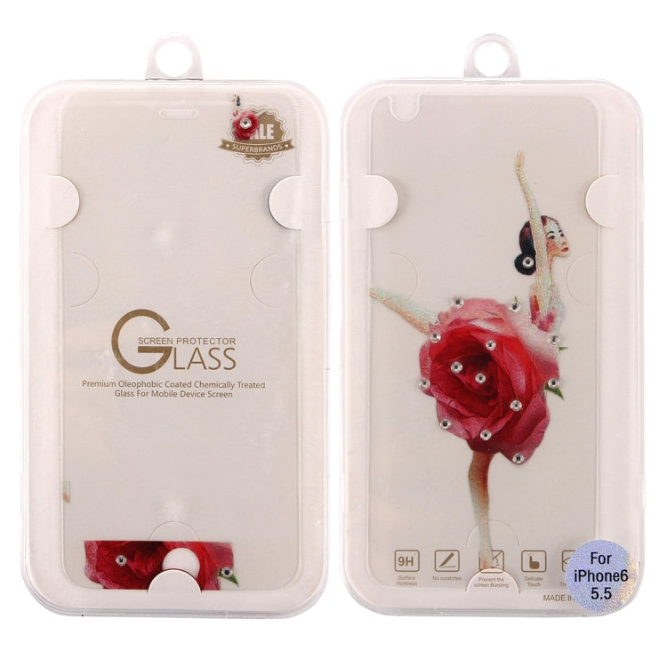 0.3mm 3D Colorized Relief Girl Pattern Diamond Encrusted Front + Back Tempered Glass Screen Protector for iPhone 6 & 6s