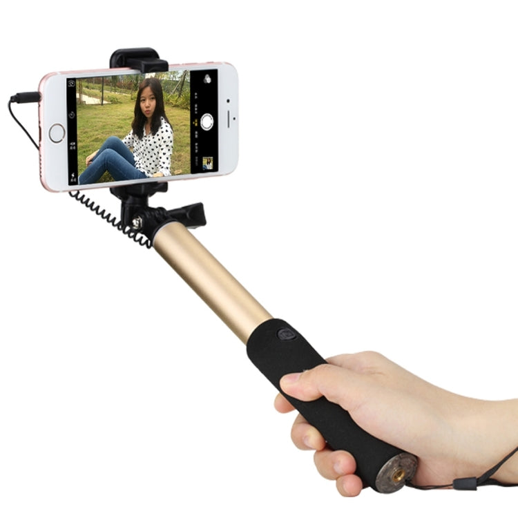ROCK ROT0716 Portable Wire Control Selfie Stick Monopod Folding Extendable Handheld Holder with Mirror for iOS & Android Phone, Folded Length: 24.5cm, Extension Length: 90cm(Gold)