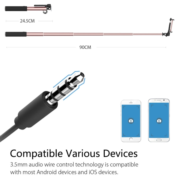 ROCK ROT0716 Portable Wire Control Selfie Stick Monopod Folding Extendable Handheld Holder with Mirror for iOS & Android Phone, Folded Length: 24.5cm, Extension Length: 90cm(Gold)