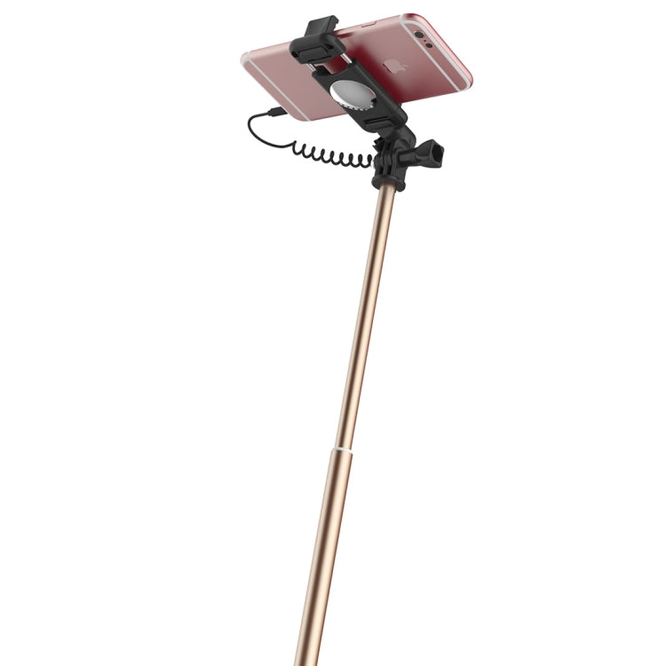 ROCK ROT0716 Portable Wire Control Selfie Stick Monopod Folding Extendable Handheld Holder with Mirror for iOS & Android Phone, Folded Length: 24.5cm, Extension Length: 90cm(Gold)