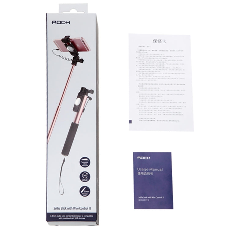ROCK ROT0716 Portable Wire Control Selfie Stick Monopod Folding Extendable Handheld Holder with Mirror for iOS & Android Phone, Folded Length: 24.5cm, Extension Length: 90cm(Gold)