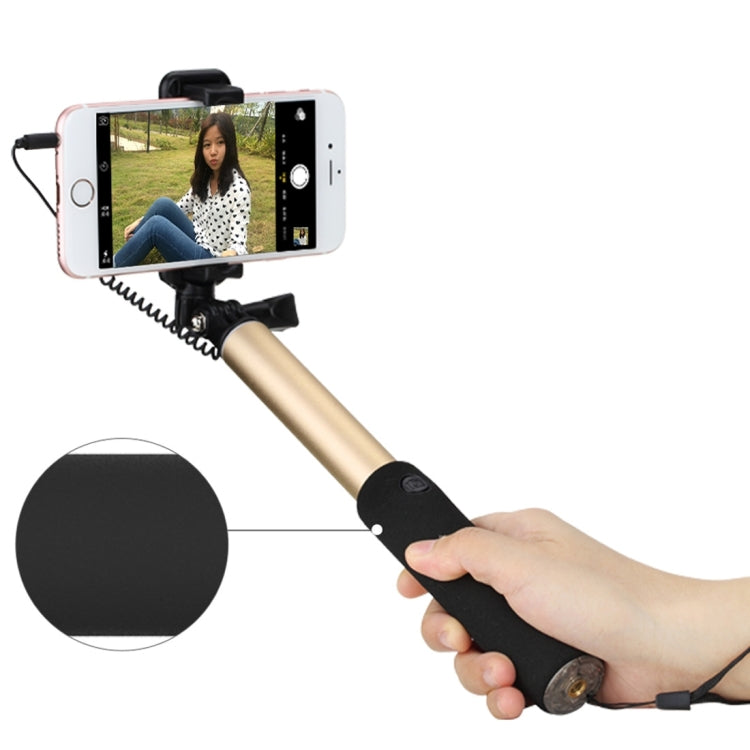 ROCK ROT0716 Portable Wire Control Selfie Stick Monopod Folding Extendable Handheld Holder with Mirror for iOS & Android Phone, Folded Length: 24.5cm, Extension Length: 90cm(Gold)