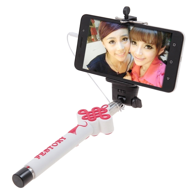 KX-M02 3D Chinese Knot Pattern Wire Controlled Selfie Stick Monopod Extendable Handheld Holder for Camera / Cellphone, Max Length: 90cm(White)