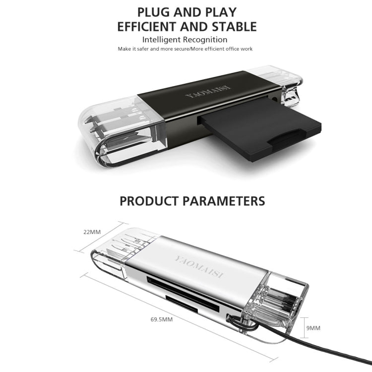 YAOMAISI Q25 2 in 1 USB 3.0 to Type-C Metal Memory Card Reader, Support SD / TF Card