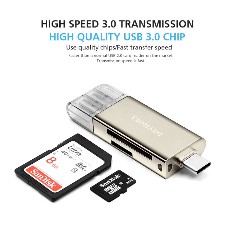 YAOMAISI Q25 2 in 1 USB 3.0 to Type-C Metal Memory Card Reader, Support SD / TF Card